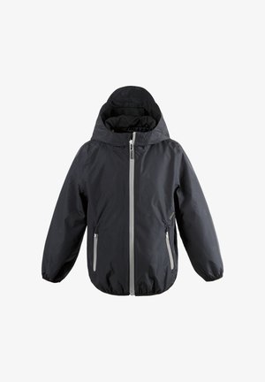 Schwarze Kapuzenjacke mit Frontreißverschluss, zwei seitlichen Reißverschlusstaschen und elastischen Bündchen, entwickelt für kaltes oder regnerisches Wetter.