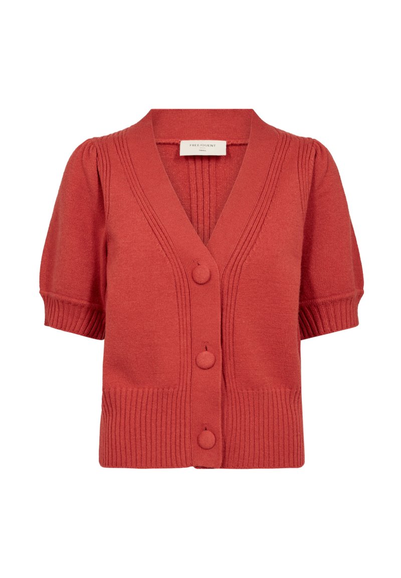 Rode gebreide cardigan met korte pofmouwen, V-hals, geribde zoom en drie knopen aan de voorkant. Textuurpatroon langs de halslijn en voorkant.