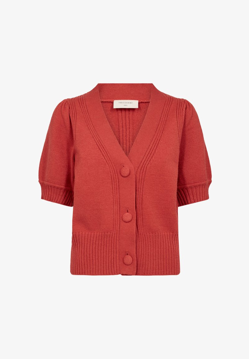 Rode gebreide cardigan met korte pofmouwen, V-hals, geribde zoom en drie knopen aan de voorkant. Textuurpatroon langs de halslijn en voorkant.
