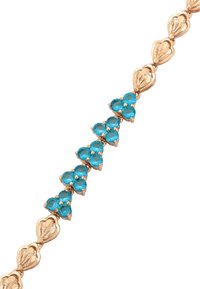 Bracciale in tonalità oro con gemme turchesi disposte in un motivo floreale, alternate a link a forma di cuore e dettagli incisi.