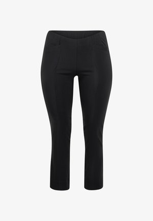 Sorte cropped bukser med en glat tekstur, der har to forlommer og et tætsiddende design, der indsnævrer sig ved kanten.