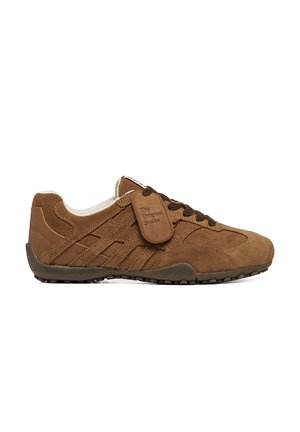 Brown suede sneaker with dark brown laces, stitched side stripes, and a tag that reads "The Original Snake" on a white background.