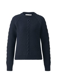 Dunkelblauer Pullover mit Rundhalsausschnitt, gerippten Bündchen und Saum, der ein zentrales Zopfmuster an der Vorderseite und strukturierte Ärmel aufweist.