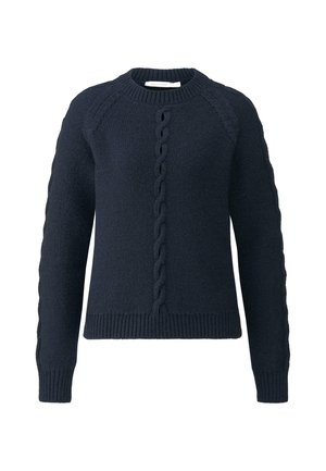 Dunkelblauer Pullover mit Rundhalsausschnitt, gerippten Bündchen und Saum, der ein zentrales Zopfmuster an der Vorderseite und strukturierte Ärmel aufweist.