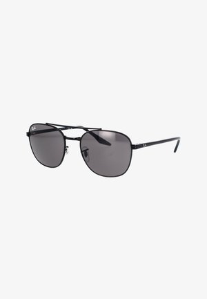 Occhiali da sole black metal con lenti grigie scure, forma rettangolare, montatura sottile in filo e naselli regolabili. Nessun motivo o accentuazione visibile.