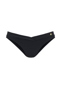 Zwarte bikini onderkant met een V-vormige voorkant, gemaakt van een gladde stof. Heeft een klein gouden logo accent aan de zijkant. Textuur van de binnenvoering.