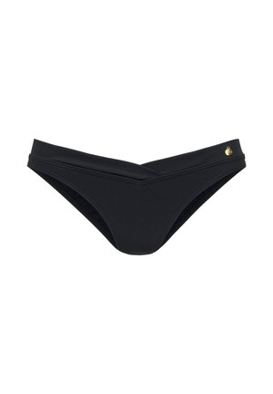 Schwarzer Bikini-Unterteil mit v-förmiger Vorderseite, aus glattem Stoff gefertigt. Mit einem kleinen goldenen Logo-Akzent an der Seite. Texturierte Innenauskleidung.