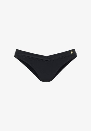 Bas de bikini noir avec un devant en forme de V, fabriqué en tissu doux. Présente un petit logo doré sur le côté. Doublure intérieure texturée.