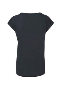 Černé tričko s krátkým rukávem a kulatým výstřihem, s ohrnutými manžetami. Vyrobeno z měkké bavlněné látky. Hladký materiál s ležérním střihem.