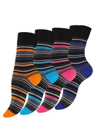 Set di quattro calzini con un risvolto a coste nera, motivo a righe grigie con accenti arancioni, blu, rosa e viola sulle punte e sui talloni.