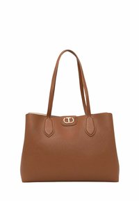 Borsa a spalla in pelle marrone con due manici corti, forma rettangolare, superficie testurizzata e dettaglio in metallo dorato sul davanti.
