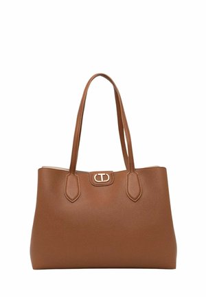 Borsa a spalla in pelle marrone con due manici corti, forma rettangolare, superficie testurizzata e dettaglio in metallo dorato sul davanti.
