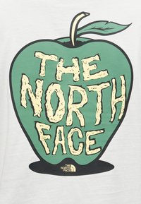 Πράσινο μήλο με φύλλο και κοτσάνι που φέρει το όνομα της μάρκας The North Face σε μεγάλες, υφασματικές κρεμ γράμματα σε λευκό φόντο.