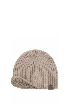 Beige ribbed knit wool beanie with a folded brim and small rectangular brand tag on the side.