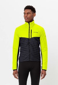 Veste isolante jaune vif et noire avec un corps matelassé, une fermeture éclair intégrale, un col montant, et des bandes d'accent latérales. Dispose d'un logo sur la poitrine.