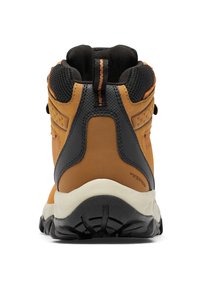 Wodoodporne buty hikingowe z brązową skórzaną cholewką, czarnymi siateczkowymi akcentami, szarym gumowym spodem i pomarańczowymi detalami na pięcie.