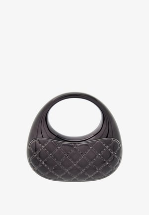 Blank vase i sort glas med en buet top og et quiltet mønster på frontfladen, der har hvid syning og en glat tekstur.