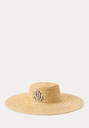 Chapeau de paille tressée à large bord avec couronne plate, présentant un logo "RL" brodé beige et blanc à l'avant.