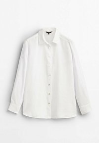 White long-sleeve shirt with a collared neck, featuring button front closure and a smooth, lightweight fabric texture.