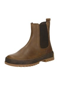 Bruine leren enkelboot met elastische zijpanden, een getextureerde rubberen zool en een trekkerslus voor gemakkelijke instap. Gladde afwerking met duurzame constructie.