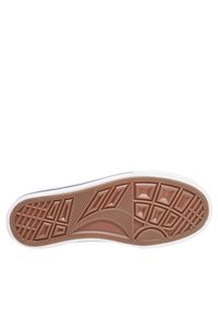 Suela de zapato de goma con un patrón texturizado de color marrón claro que presenta formas geométricas, bordeada por un borde blanco para crear contraste.