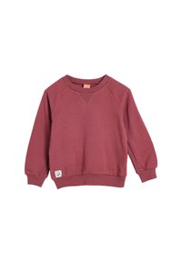 Sudadera de manga larga y cuello redondo para niños en rosa apagado, con puños y dobladillo acanalados, que presenta un pequeño parche blanco cerca del dobladillo inferior.