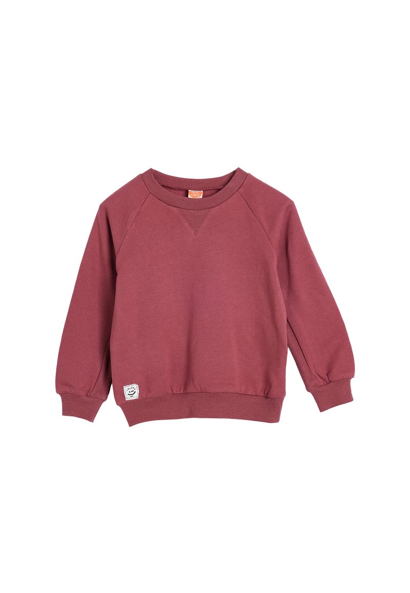 Sudadera de manga larga y cuello redondo para niños en rosa apagado, con puños y dobladillo acanalados, que presenta un pequeño parche blanco cerca del dobladillo inferior.