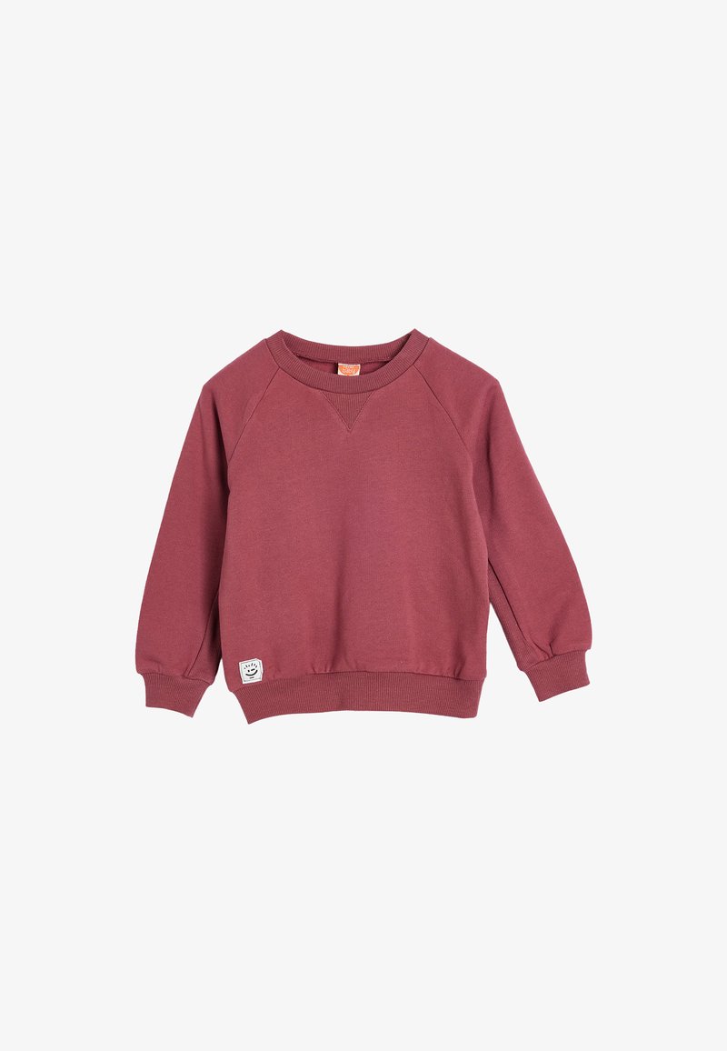 Sudadera de manga larga y cuello redondo para niños en rosa apagado, con puños y dobladillo acanalados, que presenta un pequeño parche blanco cerca del dobladillo inferior.