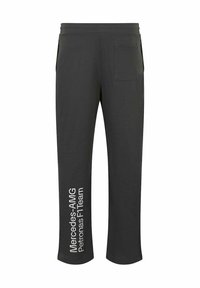 Czarne bawełniane dresy z prostymi nogawkami, elastycznym pasem, bocznymi kieszeniami oraz logo "Mercedes-AMG Petronas F1 Team" w białym kolorze.