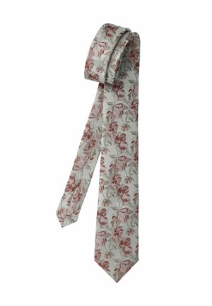 Light gray silk tie with red and green floral pattern, slim and neatly rolled at one end against white background.