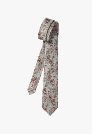 Light gray silk tie with red and green floral pattern, slim and neatly rolled at one end against white background.