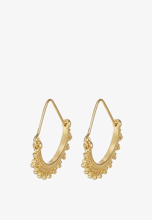 Orecchini a cerchio in oro con un design texturizzato e piccoli accenti di perline lungo il bordo inferiore, che mostrano una forma circolare e una chiusura aperta.