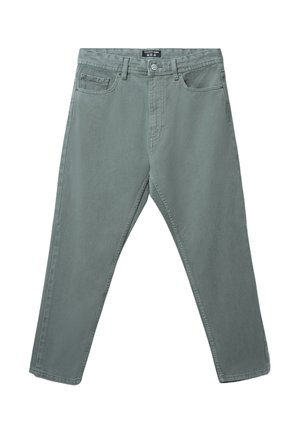 Szaro-zielone dżinsy o prostym kroju nogawki, pięcioma kieszeniami i metalowym zapięciem. Wykonane z wytrzymałej tkaniny dżinsowej o gładkiej teksturze.