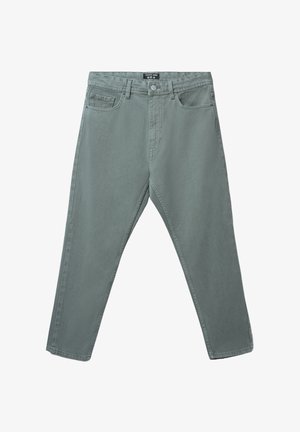 Jeans grigio-verdi con design a gamba dritta, cinque tasche e chiusura a bottone metallico. Realizzati in un denim resistente con una superficie liscia.
