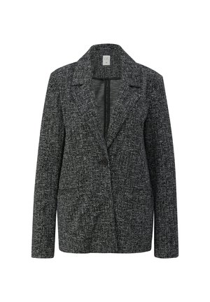 Tekstuuriga must-valge ülikondjakk, millel on krae, ühe nupuga kinnitamine, pikad varrukad ja kaks eesmist taskut.