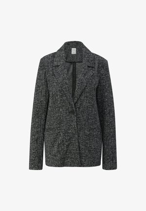 Tekstuuriga must-valge ülikondjakk, millel on krae, ühe nupuga kinnitamine, pikad varrukad ja kaks eesmist taskut.