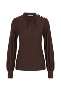 Rjav dolg rokav iz gladkega blaga z visokim ovratnikom, nabranim detajlom in tremi gumbi na rami.