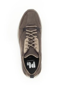 Sneaker in suede marrone e rete con punta arrotondata, linguetta imbottita, dettagli beige e lacci beige. Presenta una soletta ammortizzata e suola in gomma.