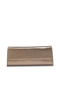 Clutch de cuero dorado metálico con textura suave, forma rectangular y logo en relieve en la parte frontal. Diseño plegado para un almacenamiento compacto.