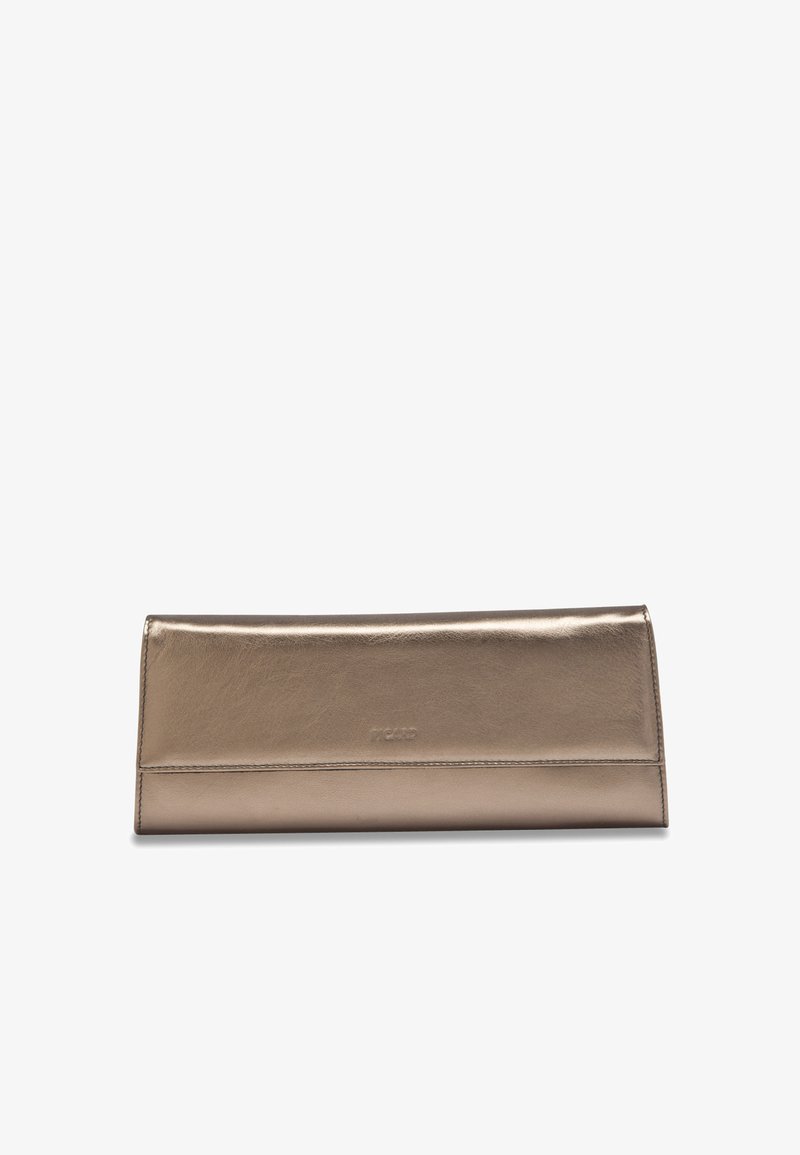 Clutch de cuero dorado metálico con textura suave, forma rectangular y logo en relieve en la parte frontal. Diseño plegado para un almacenamiento compacto.
