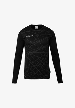 Sort langærmet skjorte med et geometrisk gråt mønster, lavet af letvægtsstof, med rund halsudskæring og branding på brystet.