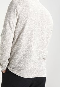 Ljust grå tröja med en strukturerad stickad mönster, med långa ärmar och en avslappnad passform, sedd bakifrån.