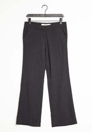 Grey pinstriped trousers with a flat front, side pockets, and a slightly flared leg design. Fabric appears textured with a lightweight finish.