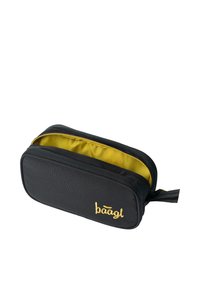 Black rectangular pencil case with a textured exterior, yellow lining, and a gold embroidered logo. Features a zipper closure and slim profile.