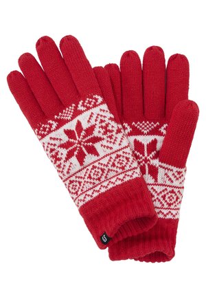 Rote Strickhandschuhe mit einem weißen Schneeflocken- und geometrischen Muster am Handgelenk. Die Finger sind vollständig mit einem gerippten Bund bedeckt.