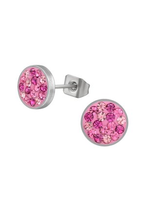Orecchini a perno rotondi in metallo argentato, con cristalli rosa assortiti in varie tonalità. Superficie liscia con design a grappolo.