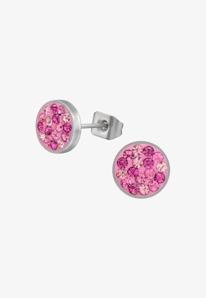Orecchini a perno rotondi in metallo argentato, con cristalli rosa assortiti in varie tonalità. Superficie liscia con design a grappolo.