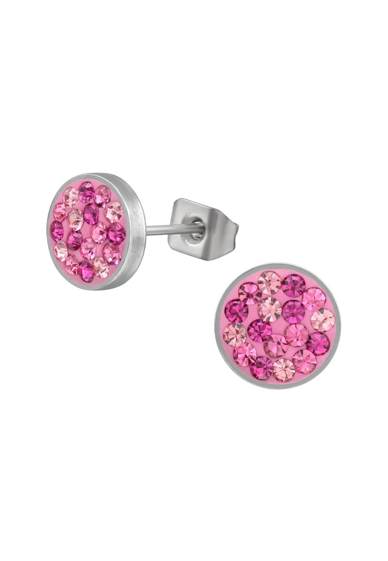 Orecchini a perno rotondi in metallo argentato, con cristalli rosa assortiti in varie tonalità. Superficie liscia con design a grappolo.