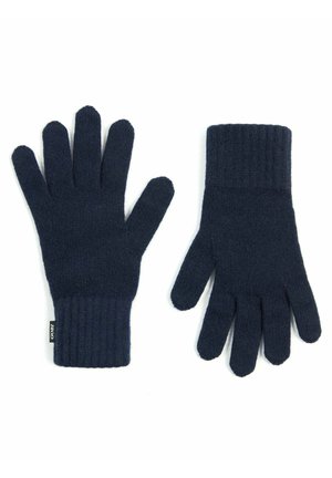 Gants en tricot bleu marine avec une bordure côtelée au poignet. Confectionnés en tissu doux avec une finition texturée, comportant cinq doigts pour une couverture complète de la main.