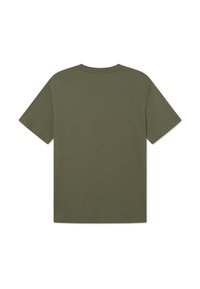 Olive green, short-sleeve t-shirt made of cotton. Simple design with a crew neck and straight cut. No visible patterns or accents.
